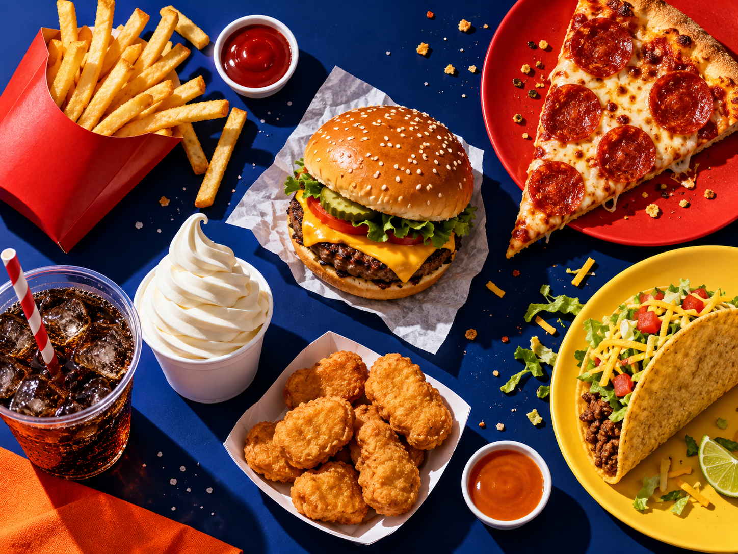 A colorful spread of burgers, fries, pizza, tacos, nuggets, soda and soft serve